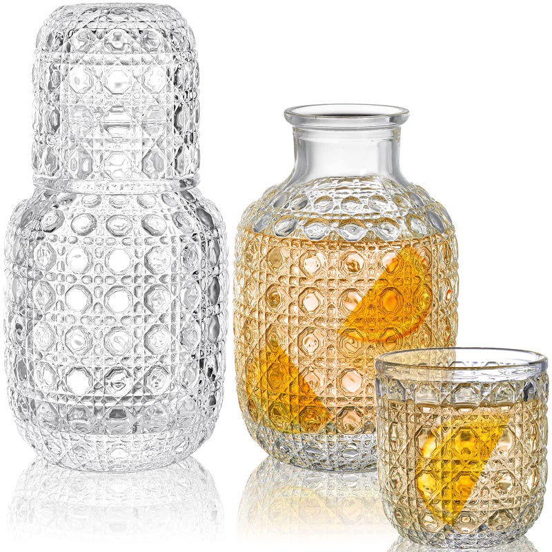 Coloch مجموعة كولوك 2 طقم زجاجة ماء جانبية عتيقة مع كوب 4 قطع 14 أونصة زجاج شفاف زجاجة غسول فم لرف السرير وزجاجة للمشروبات الليلية