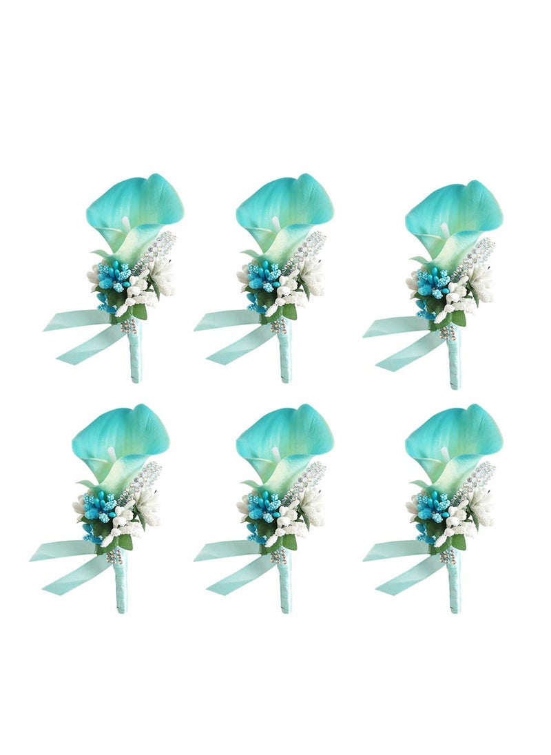 ChezMax ChezMax Calla Lily Blue Boutonniere Handmade Silk Flower with Ribbon Corsage for Bride Groom Wedding Party 6 Packs 
