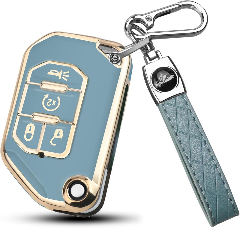 QBUC Jeep Key Fob Cover with Keychain for 2018-2022 Wrangler Gladiator JLU JL Rubicon JT - Blue - Image 1