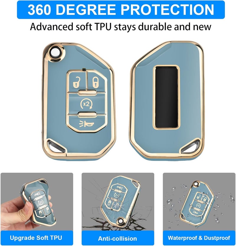 QBUC Jeep Key Fob Cover with Keychain for 2018-2022 Wrangler Gladiator JLU JL Rubicon JT - Blue - Image 3