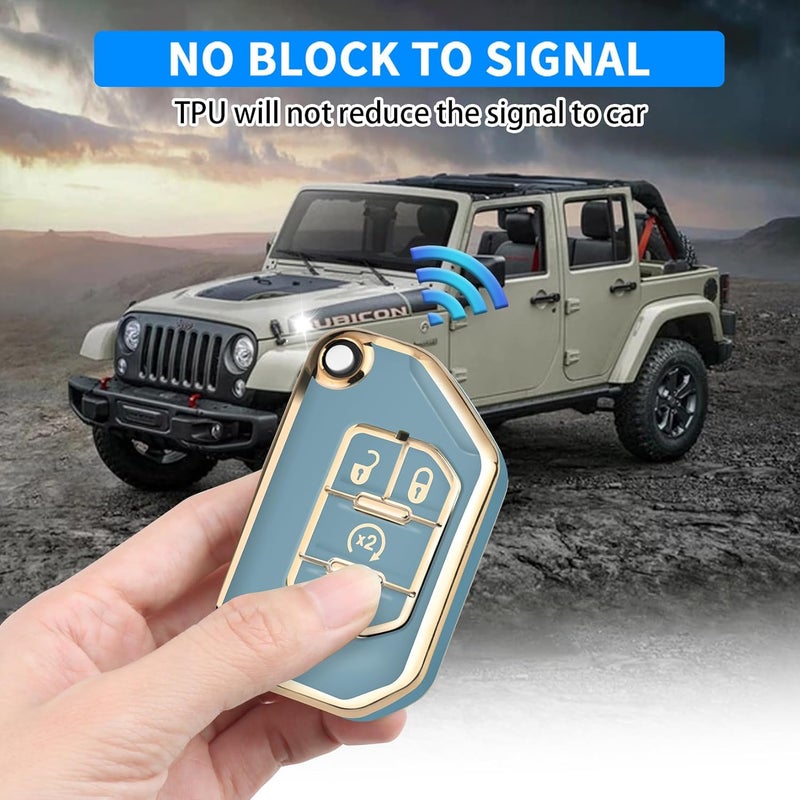 QBUC Jeep Key Fob Cover with Keychain for 2018-2022 Wrangler Gladiator JLU JL Rubicon JT - Blue - Image 5