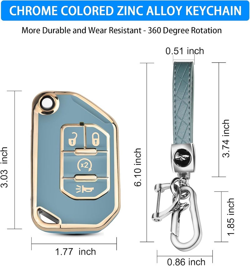 QBUC Jeep Key Fob Cover with Keychain for 2018-2022 Wrangler Gladiator JLU JL Rubicon JT - Blue - Image 4