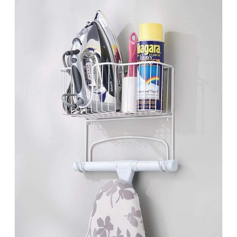 INDIAN DECOR 28938 Holds Iron Spray Bottles Starch Fabric Refresher Metal Wall Mount Ironing Board Holder with Large Storage Basket for Laundry Rooms White - Image 4