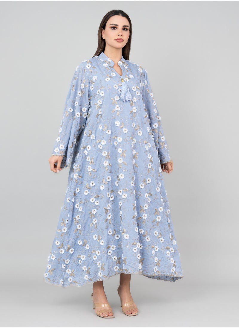 IKKXA Floral Aura Embroidered Jalabiya OMN05 Blue  - Image 1