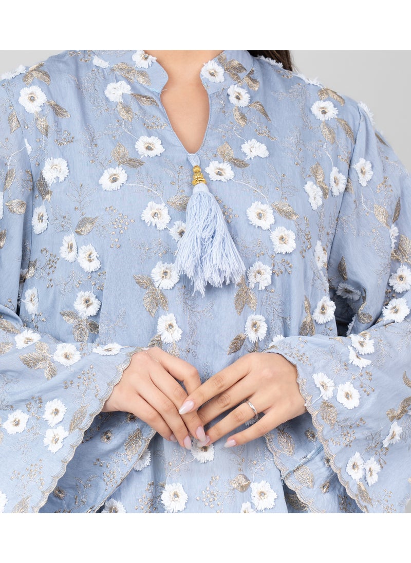 IKKXA Floral Aura Embroidered Jalabiya OMN05 Blue  - Image 4