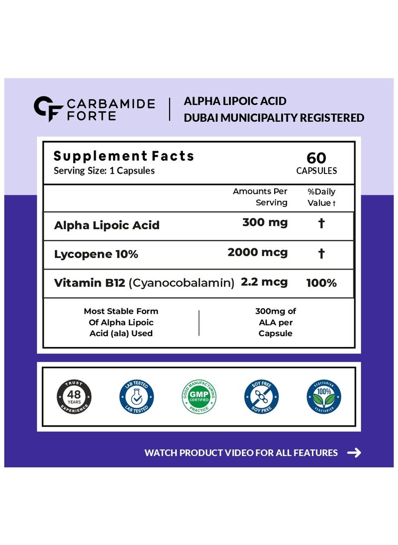 CARBAMIDE FORTE Alpha Lipoic Acid 300Mg Capsules With Vitamin B12 And Lycopene Stabilized Form 60 Veg Capsules  - Image 2
