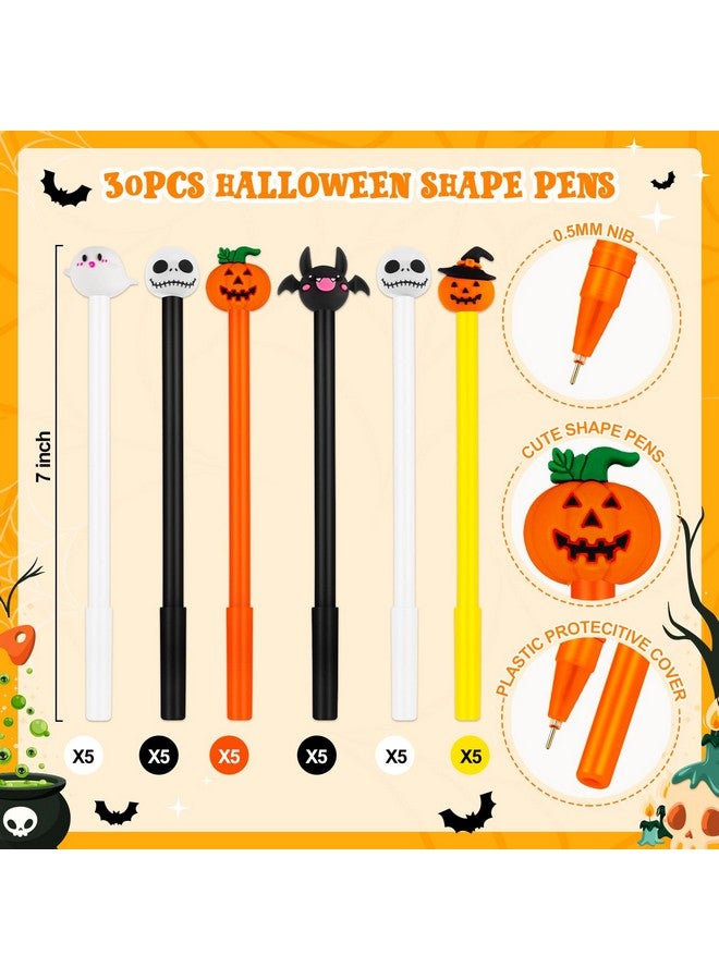 FFNIU 30 Pcs Halloween Pens, Pumpkin Skull Heads Ghost Bat Shape Pens, 0.5 MM Bulk Black Rollerball Pen for Halloween Thanksgiving Party Supplies School Office - Image 3