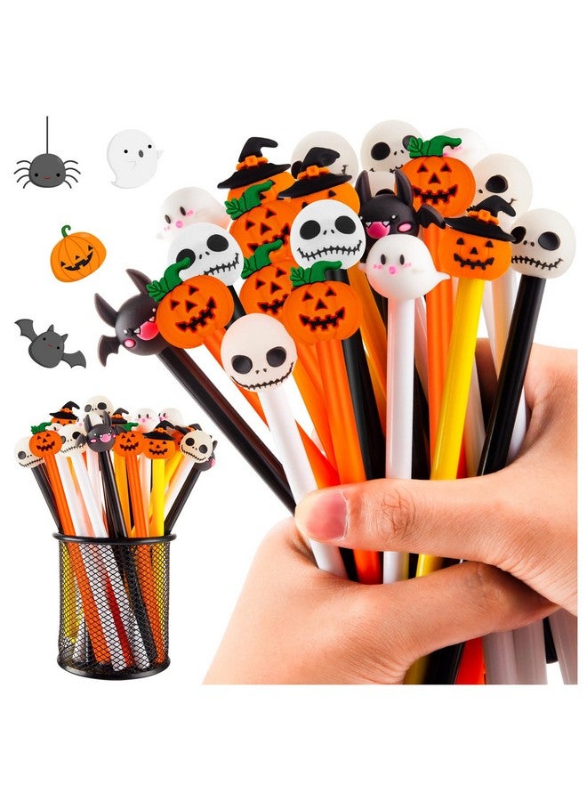 FFNIU 30 Pcs Halloween Pens, Pumpkin Skull Heads Ghost Bat Shape Pens, 0.5 MM Bulk Black Rollerball Pen for Halloween Thanksgiving Party Supplies School Office - Image 1