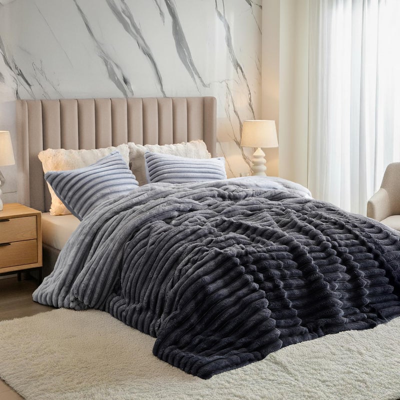Regency Heights Cuddly Ribbed Fluffy Comforter Set Queen Size, Super Soft Plush Fleece Bedding Set, Warm Fuzzy Comforter with Matching Shams, All-Season Cozy 3-Piece Bed Set, Grey Ombre - Image 1
