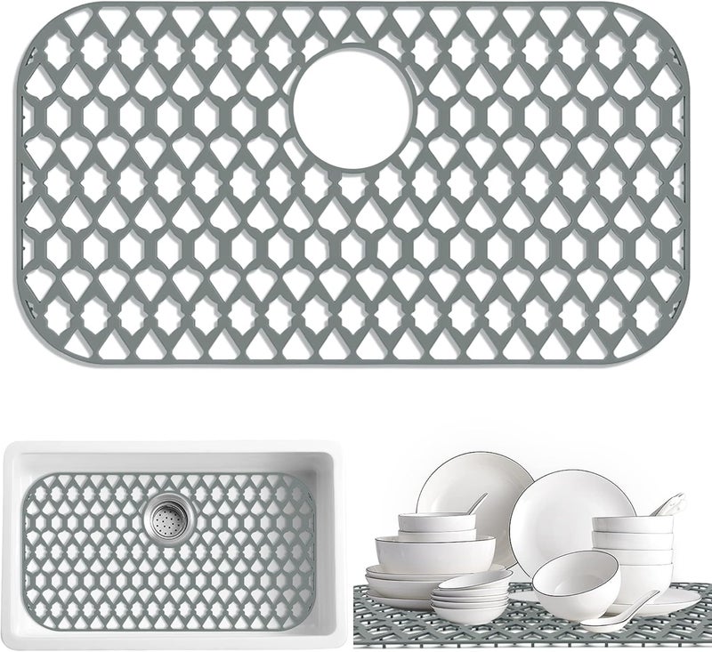 SAMSIER Sink Protectors for Bottom of Kitchen Sink 13x11 &16x12 &19x14 &21x16 &22x13 &24x13 &28x14 &30x16, Large Farmhouse Silicone Mats Grid (26”x14”, Rear Drain) - Image 1