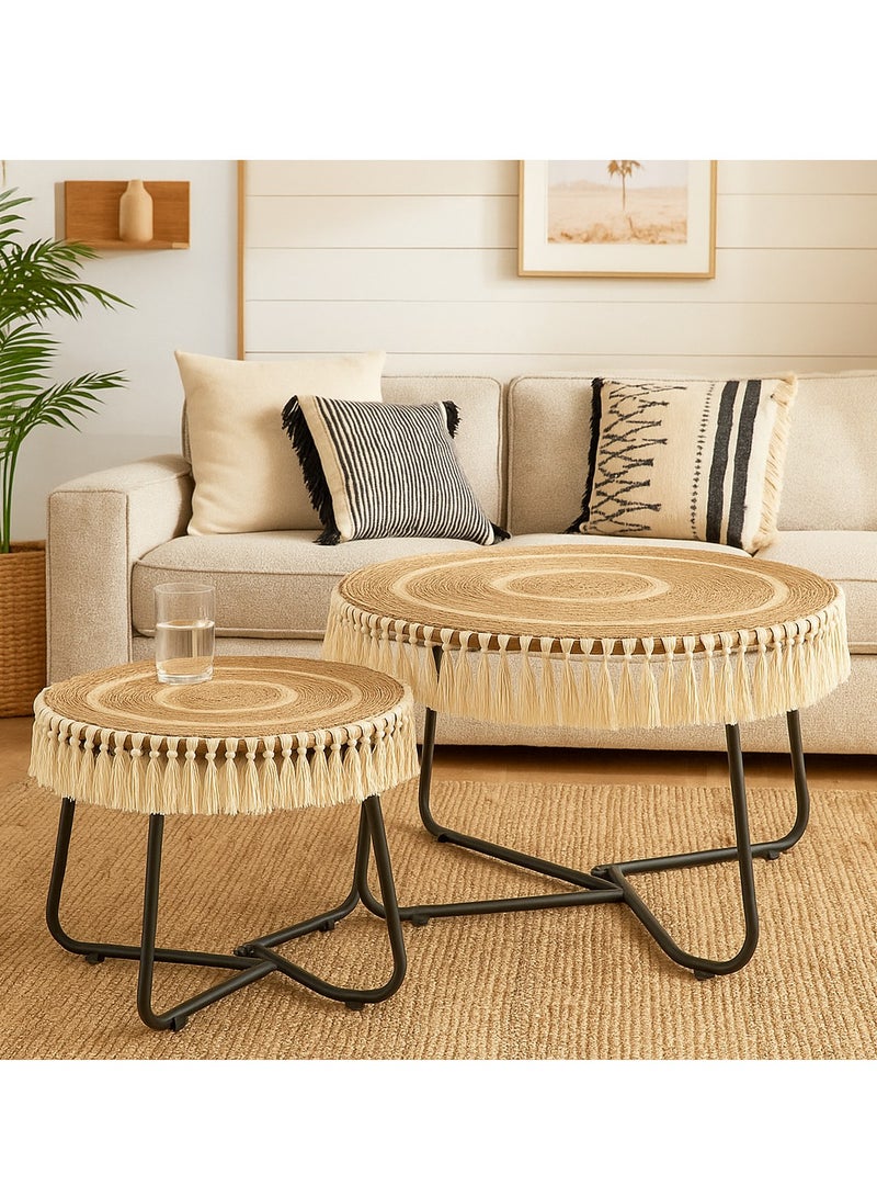 Generic Natural Jute & Wood Nesting Coffee Table Set – 2‑Piece Round Boho Accent Tables with Metal Legs, Tassel Trim, Beige/White Top & Black Frame – 70 cm × 50 cm  - Image 1