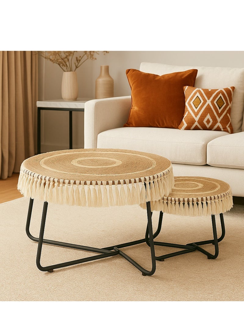Generic Natural Jute & Wood Nesting Coffee Table Set – 2‑Piece Round Boho Accent Tables with Metal Legs, Tassel Trim, Beige/White Top & Black Frame – 70 cm × 50 cm  - Image 2