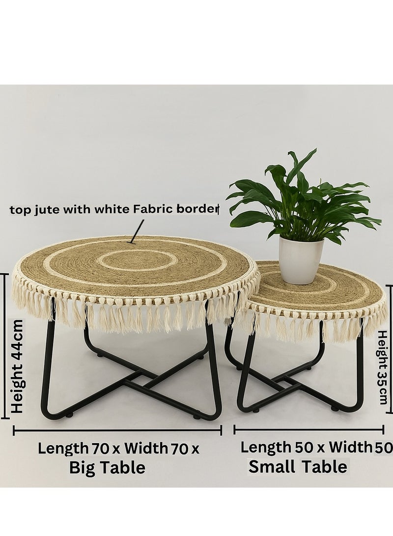 Generic Natural Jute & Wood Nesting Coffee Table Set – 2‑Piece Round Boho Accent Tables with Metal Legs, Tassel Trim, Beige/White Top & Black Frame – 70 cm × 50 cm  - Image 3