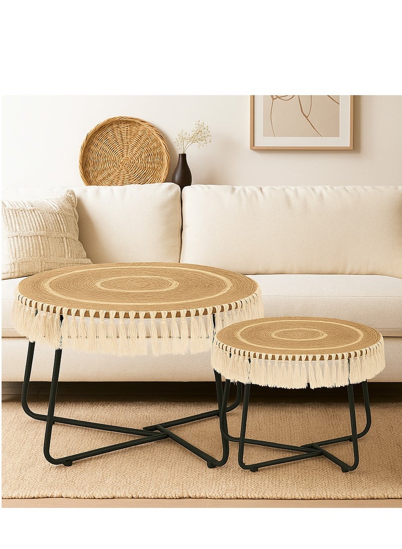 Generic Natural Jute & Wood Nesting Coffee Table Set – 2‑Piece Round Boho Accent Tables with Metal Legs, Tassel Trim, Beige/White Top & Black Frame – 70 cm × 50 cm  - Image 4