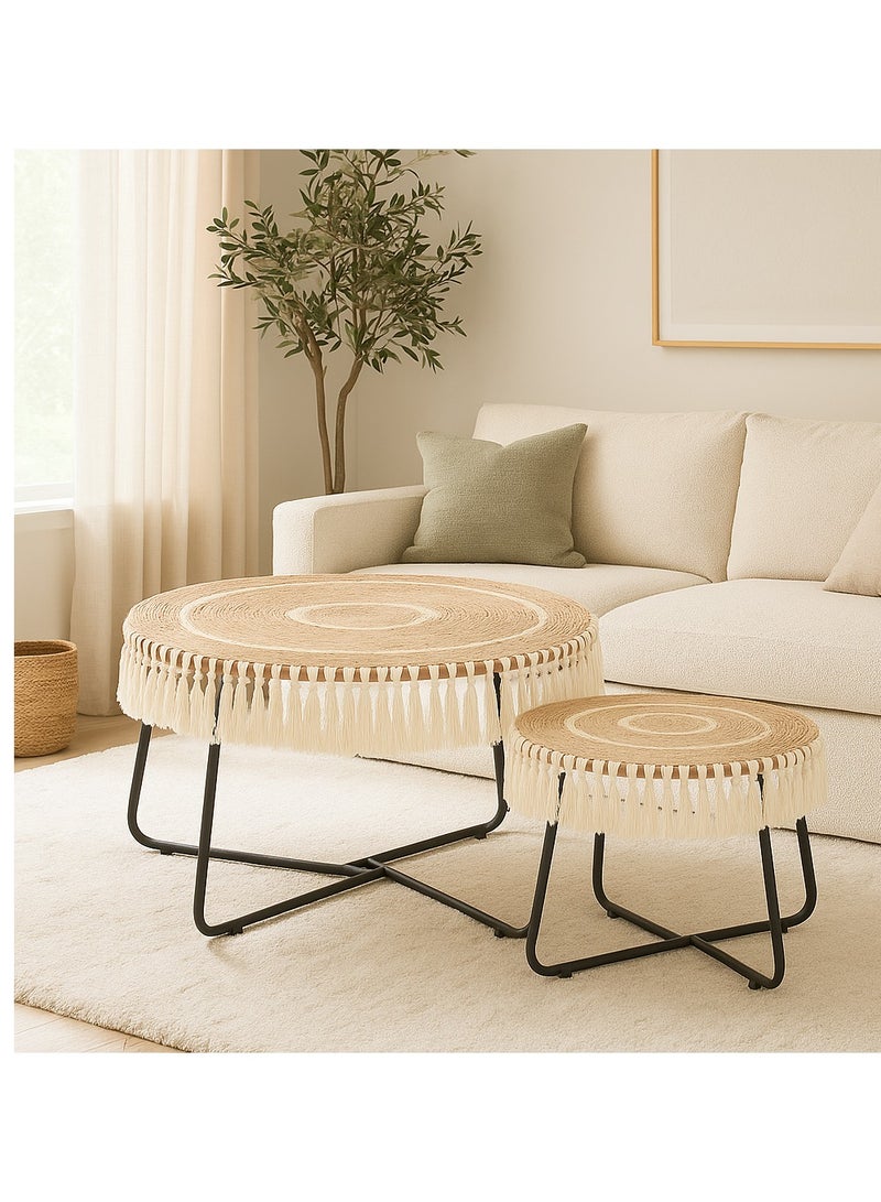 Generic Natural Jute & Wood Nesting Coffee Table Set – 2‑Piece Round Boho Accent Tables with Metal Legs, Tassel Trim, Beige/White Top & Black Frame – 70 cm × 50 cm  - Image 5