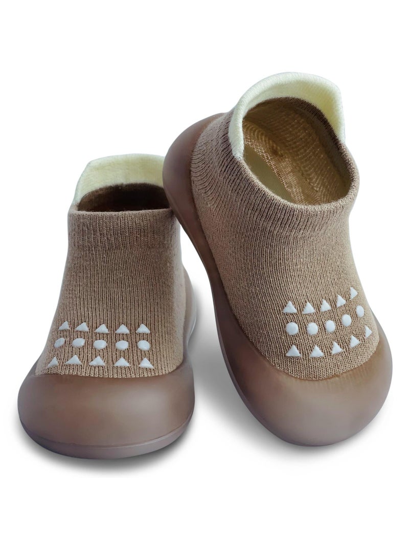 Boys Girls First Walking Shoes, 1 Pair of Baby Sock Shoes, Non Slip Soft Sole Sneakers, Toddler Infant Baby Girl Sock Shoes, Toddler Wide Toe Box Shoes, Toddler Girl Shoes, Brown  - Image 1