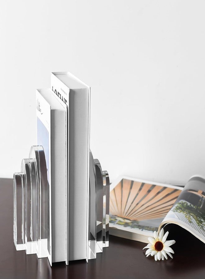 Kitcom Decorative Bookends for Books, Set of 2, Heavy Duty Book Holders Stopper for Shelves, Bookshelf, Bookcase, Office Desk, Home Decor, Aesthetic Layered Arch Design, Clear - Image 3
