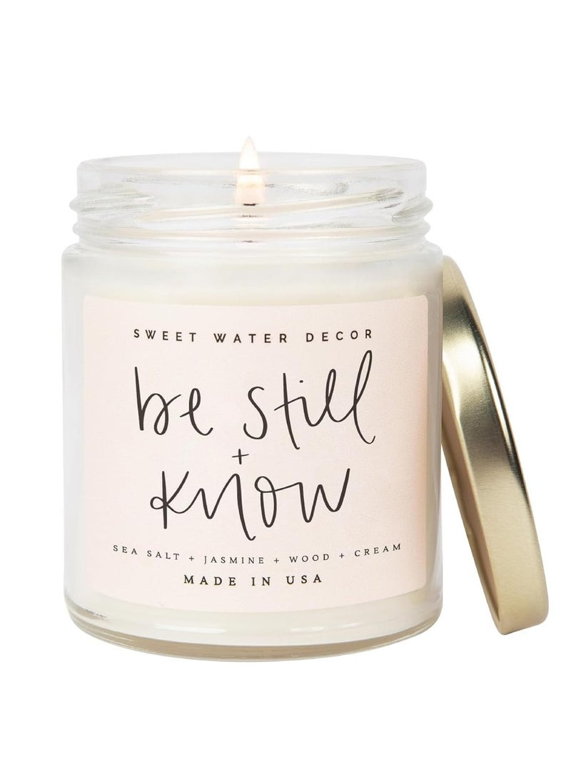 Sweet Water Decor Sweet Water Decor, Be Still and Know, Sea Salt, Jasmine, Cream, and Wood Scented Soy Wax Candle for Home | 9oz Clear Jar, 40 Hour Burn Time, Made in the USA - Image 1