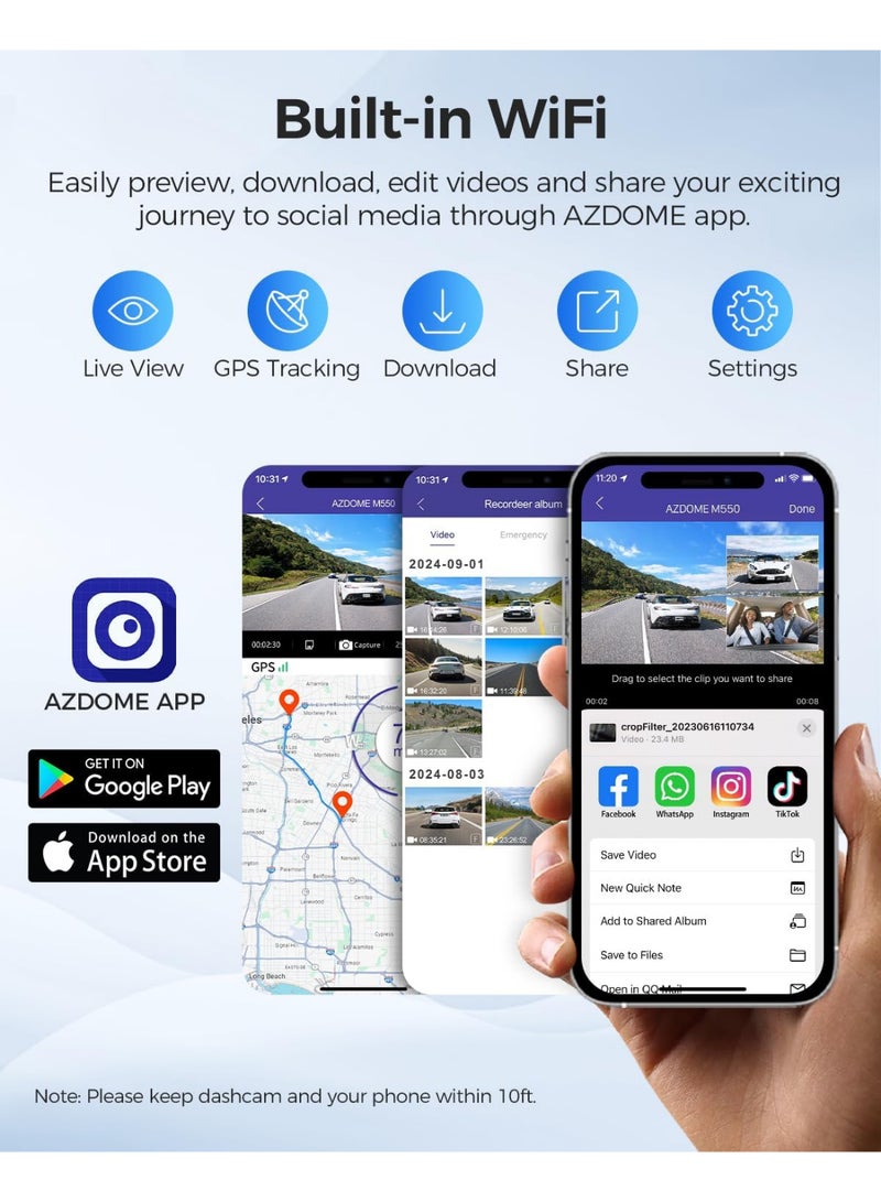 AZDOME M550 3-Lens Dash Cam 4K Ultra HD Front, 2.5K Rear, 1080P Interior – Built-in Wi-Fi & GPS, Night Vision, 24-Hour Parking Recording, Includes 64GB Card - Image 2