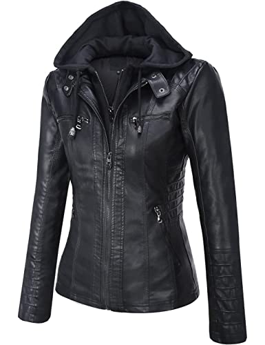 Springrain Women's Faux Leather Jacket Moto Biker Coat with Detachable Hood Motorcycle Jacket (Small, Black) - Image 2