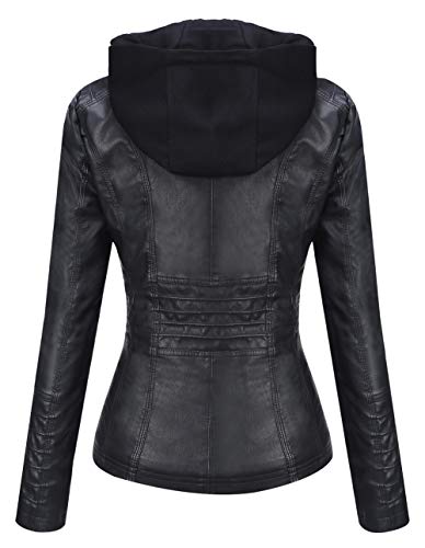 Springrain Women's Faux Leather Jacket Moto Biker Coat with Detachable Hood Motorcycle Jacket (Small, Black) - Image 3