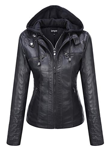 Springrain Women's Faux Leather Jacket Moto Biker Coat with Detachable Hood Motorcycle Jacket (Small, Black) - Image 1