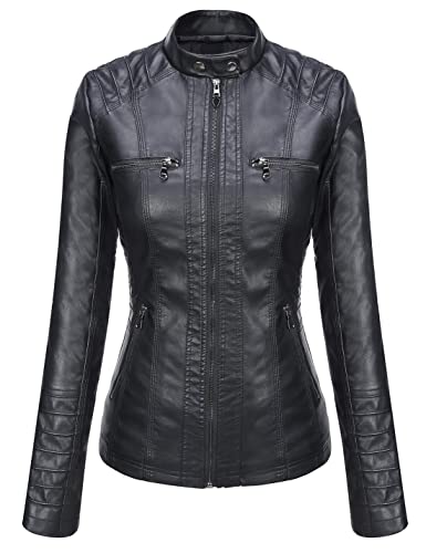 Springrain Women's Faux Leather Jacket Moto Biker Coat with Detachable Hood Motorcycle Jacket (Small, Black) - Image 4