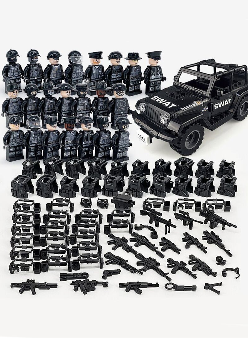 Military Building Block Set Black Police Car Police Doll Small Particle Assembly Toy (22 Models Of Villains + Black Police Car) - Image 1
