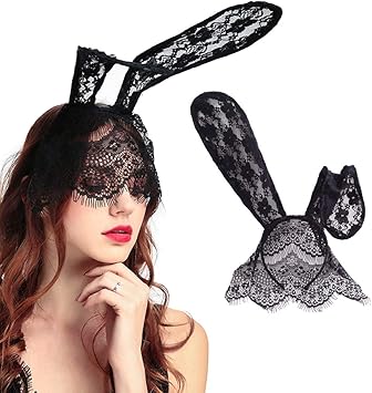 SUNTRADE Rabbit Ears Lace Mask Veil Headband Halloween Sexy Half Face Mask Costume Masquerade - Image 1