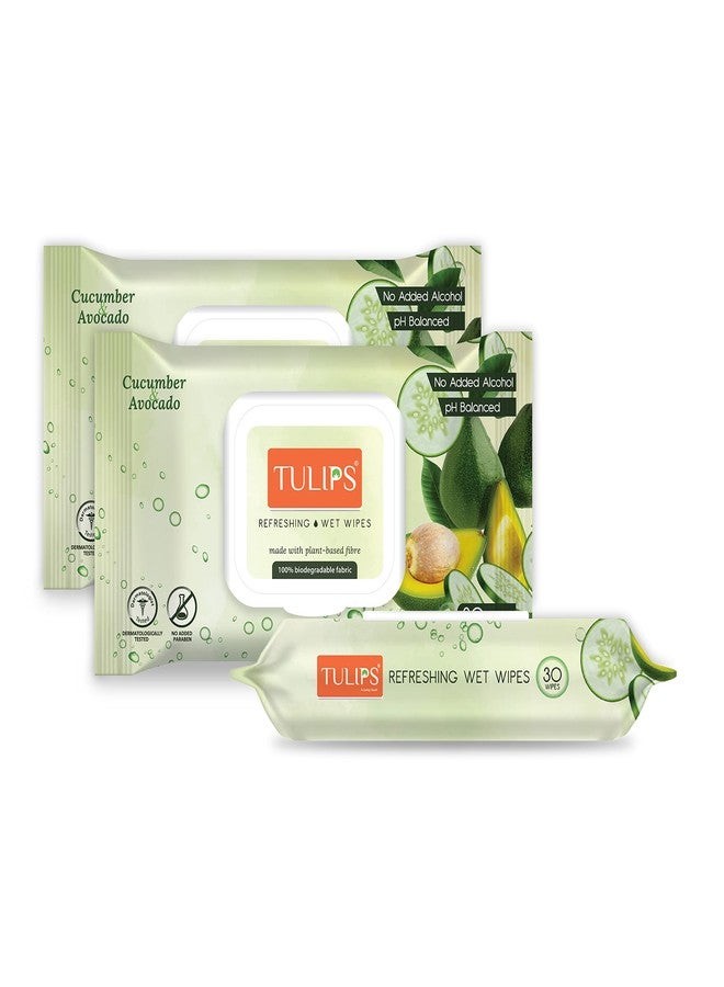 Tulips Refreshing, Makeup Remover, Everyday Cleaning Wet Wipes Biodegradable Fabric LID Pack (Cucumber & Avocado, Pack of 3) - Image 2