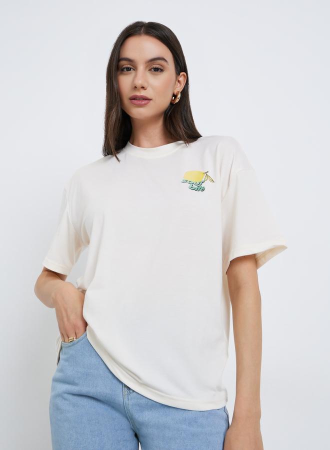 Take Two Cream Graphic Print Oversized T-Shirt - Image 3