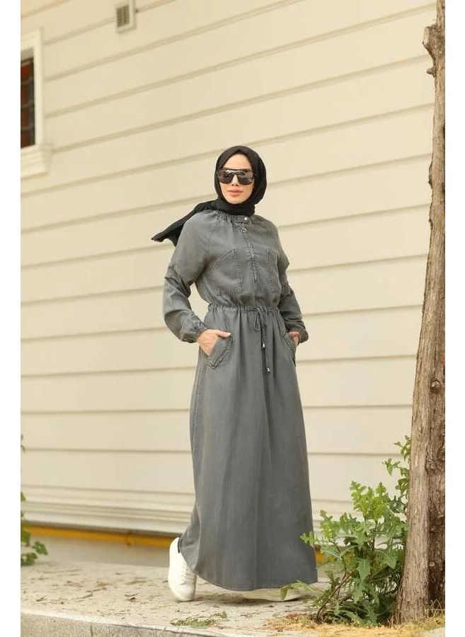 Neways 6501-DENIM Raglan Sleeve Pocket Dress Gray