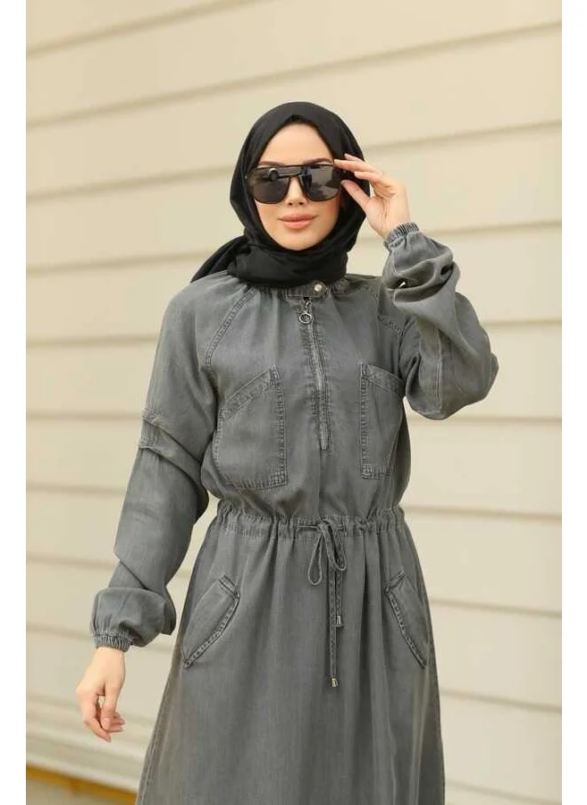 Neways 6501-DENIM Raglan Sleeve Pocket Dress Gray
