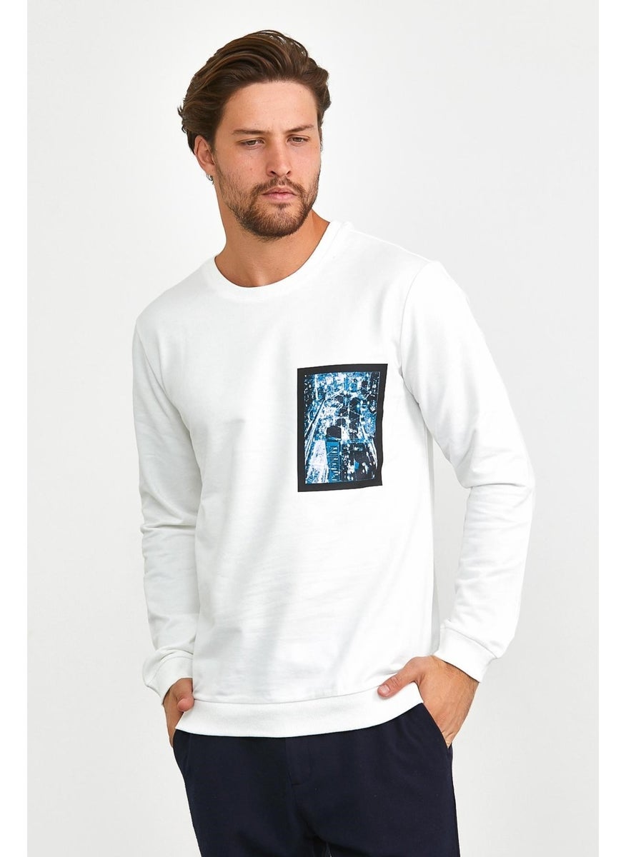 Odelon Men's Front Printed Crew Neck Sports Sweatshirt White  - Image 1