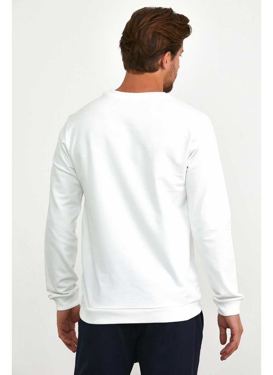 Odelon Men's Front Printed Crew Neck Sports Sweatshirt White  - Image 3