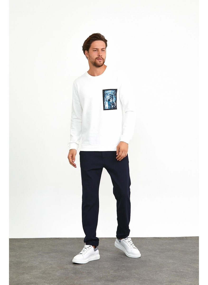 Odelon Men's Front Printed Crew Neck Sports Sweatshirt White  - Image 5