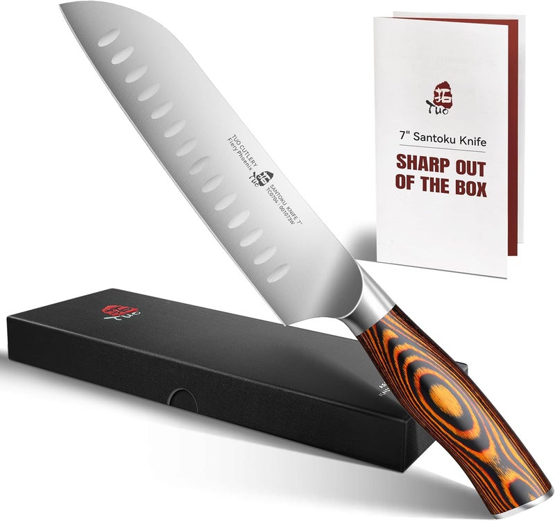 TUO Santoku Knife, 7 inch Japanese Chef Knife for Vegetable Chopping & Meat Dicing, High Carbon German Steel, Ergonomic Handle - Fiery Phoenix Series - Image 1
