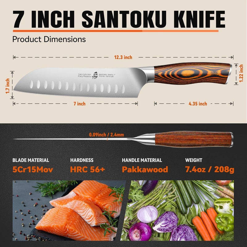 TUO Santoku Knife, 7 inch Japanese Chef Knife for Vegetable Chopping & Meat Dicing, High Carbon German Steel, Ergonomic Handle - Fiery Phoenix Series - Image 5
