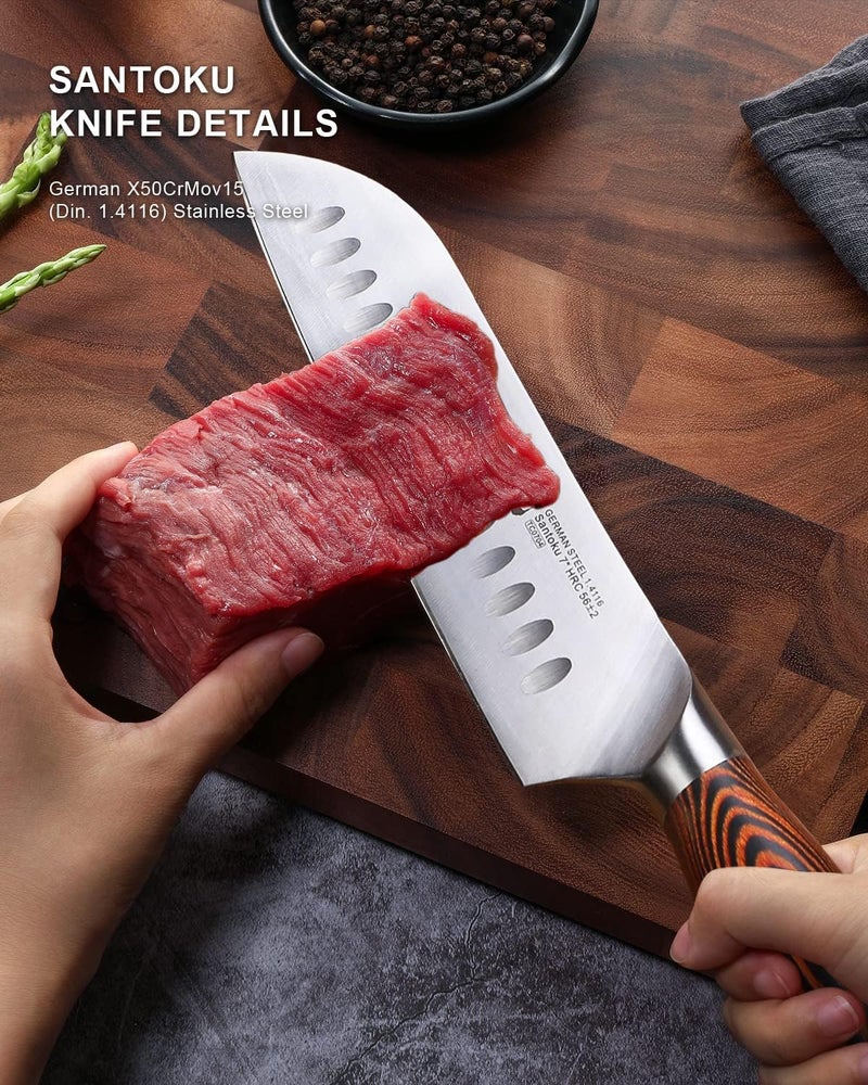 TUO Santoku Knife, 7 inch Japanese Chef Knife for Vegetable Chopping & Meat Dicing, High Carbon German Steel, Ergonomic Handle - Fiery Phoenix Series - Image 2