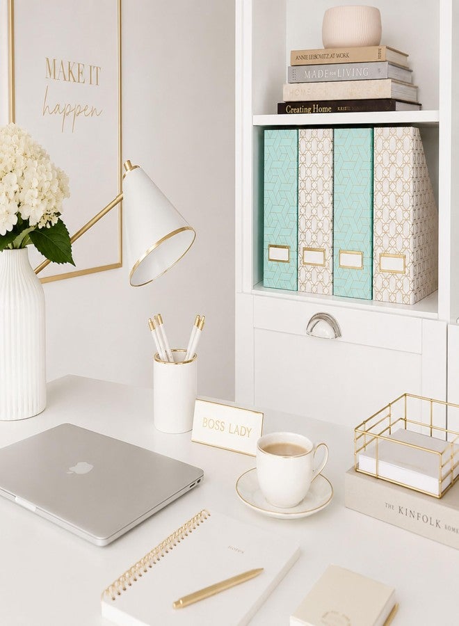 BLU MONACO | Set of 4 Foldable Pink & Aqua Magazine File Holders with Gold Geometric Patterns | Vertical File Organizer Boxes with Gold Label Holders for Home & Office - Image 3