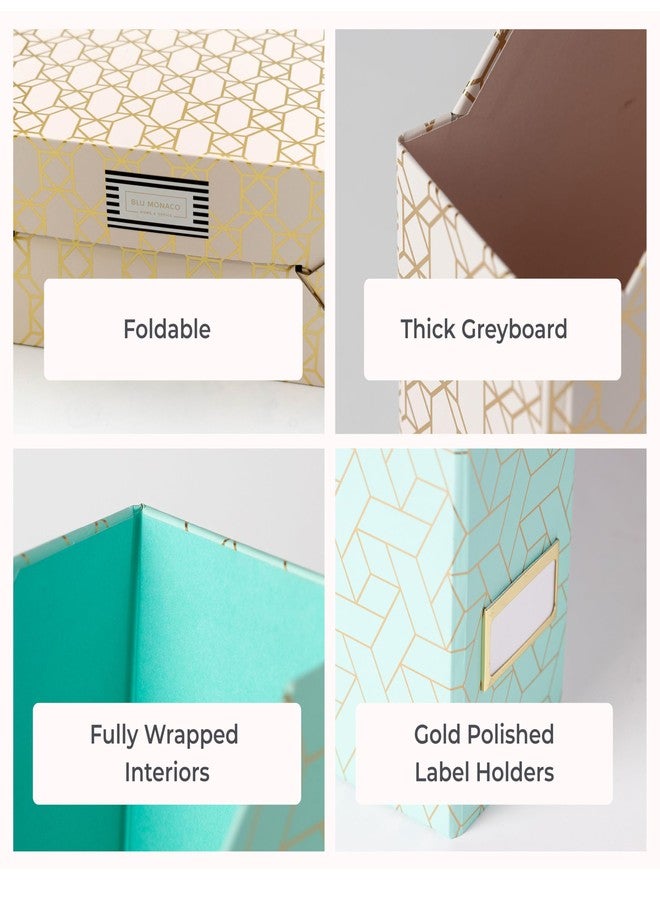 BLU MONACO | Set of 4 Foldable Pink & Aqua Magazine File Holders with Gold Geometric Patterns | Vertical File Organizer Boxes with Gold Label Holders for Home & Office - Image 5