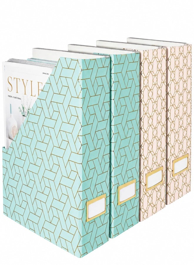 BLU MONACO | Set of 4 Foldable Pink & Aqua Magazine File Holders with Gold Geometric Patterns | Vertical File Organizer Boxes with Gold Label Holders for Home & Office - Image 1