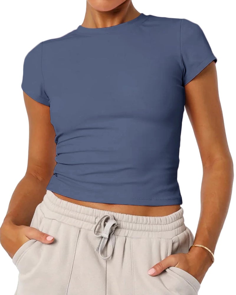 Mousnipy Women's Basic Summer Short Sleeve Crewneck T-Shirts Y2K Cute Going Out Tops Baby Tee(Ash Blue,Medium) - Image 1