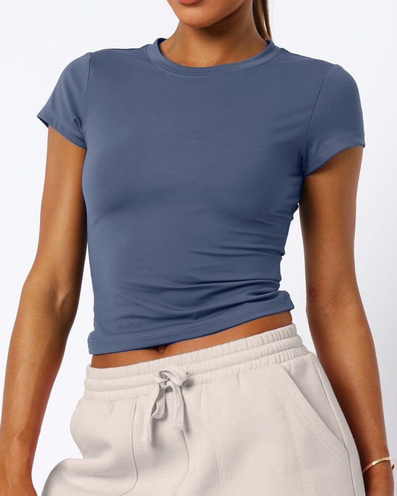Mousnipy Women's Basic Summer Short Sleeve Crewneck T-Shirts Y2K Cute Going Out Tops Baby Tee(Ash Blue,Medium) - Image 2