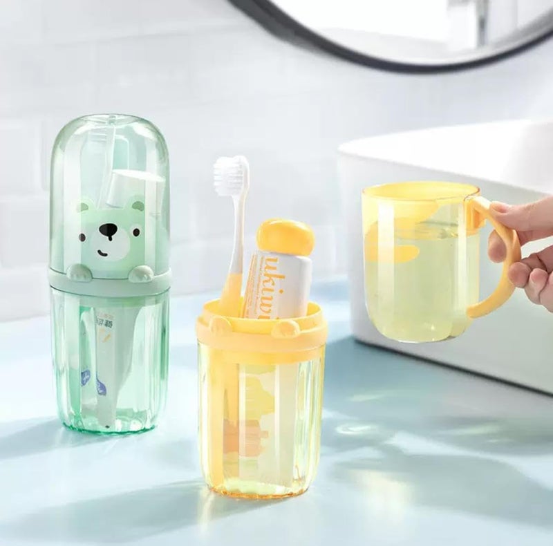 DCELLA Cute Stylish Panda Portable Plastic Toothbrush Storage Box Holder with Cup (Green, Pack of 1) - Image 3