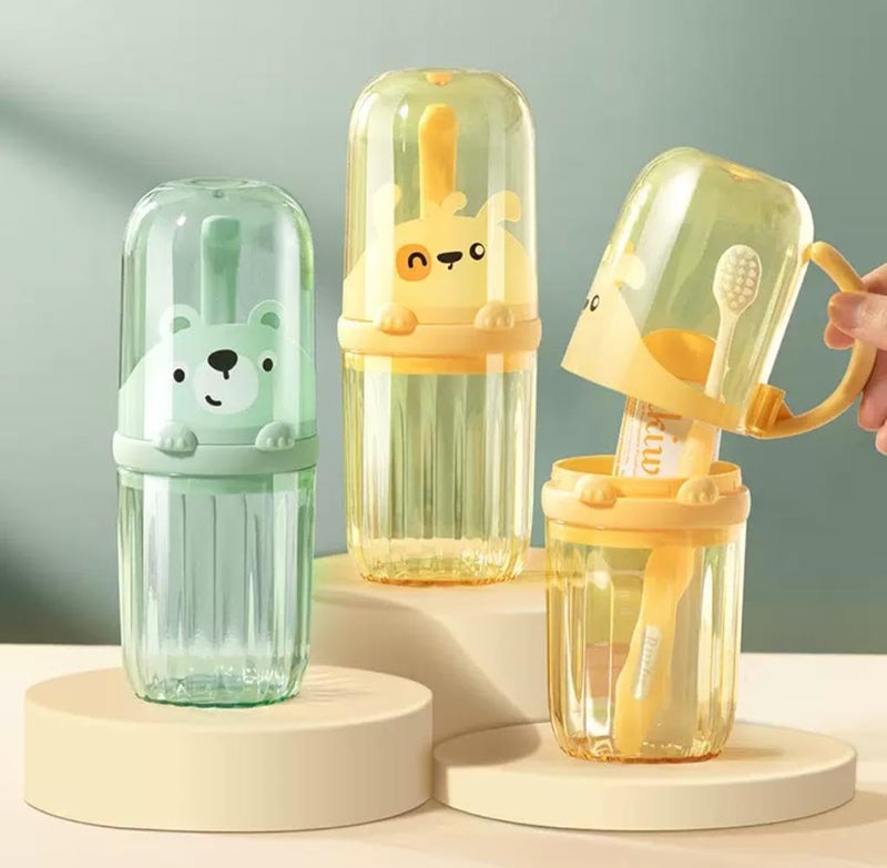 DCELLA Cute Stylish Panda Portable Plastic Toothbrush Storage Box Holder with Cup (Green, Pack of 1) - Image 4