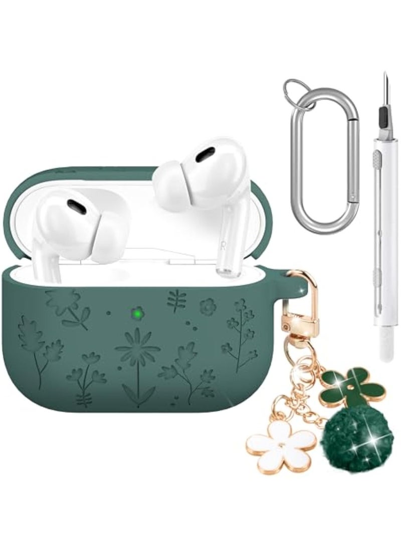 متوافق مع AirPods Pro 3 Case 2025 لطيف مع سلسلة مفاتيح زهرة الكرز ومجموعة التنظيف ، الزهور الناعمة مقاومة للصدمات محفورة متوافقة مع AirPod Pro 3 غطاء الحالة - الصنوبر الأخضر - Image 1