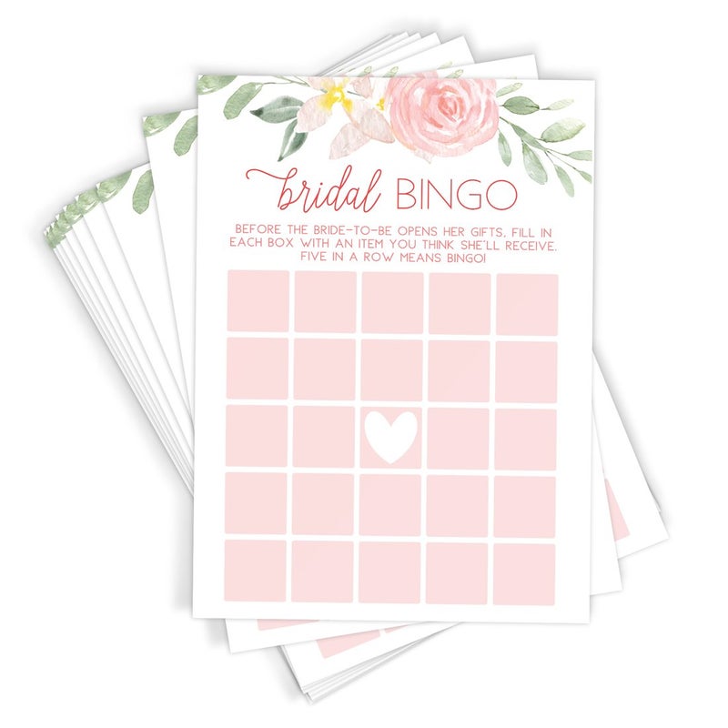 Printed Party Bridal Shower Games Bingo Game with Blank Squares to Guess The Brides Gifts Fun Wedding Shower Activity Pink Floral Design 50 Guests