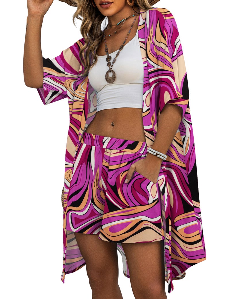 REDHOTYPE Womens Vacation Outfits Hawaiian Style 2 Piece Sets Colorful Print Long Cover Ups Half Sleeve Shorts Set Beach Dresses Color Rose,L - Image 1