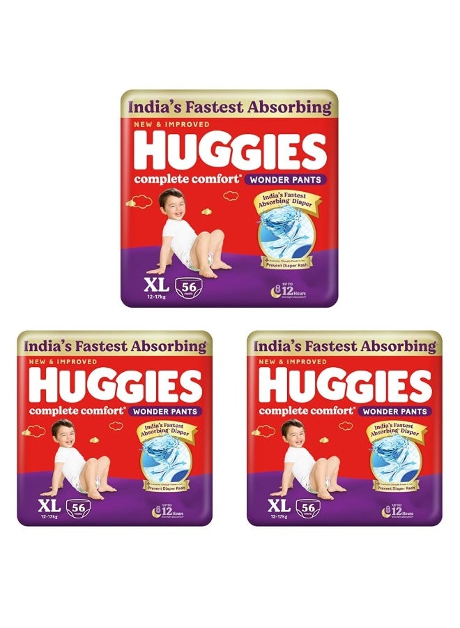 Huggies Complete Comfort Wonder Pants | Pant Style Baby Diapers Extra Large Size (XL), 56 Count | India's Fastest Absorbing Diaper, Prevents Diaper Rash, Ideal for 12 to 17 Kgs (Pack of 3)
